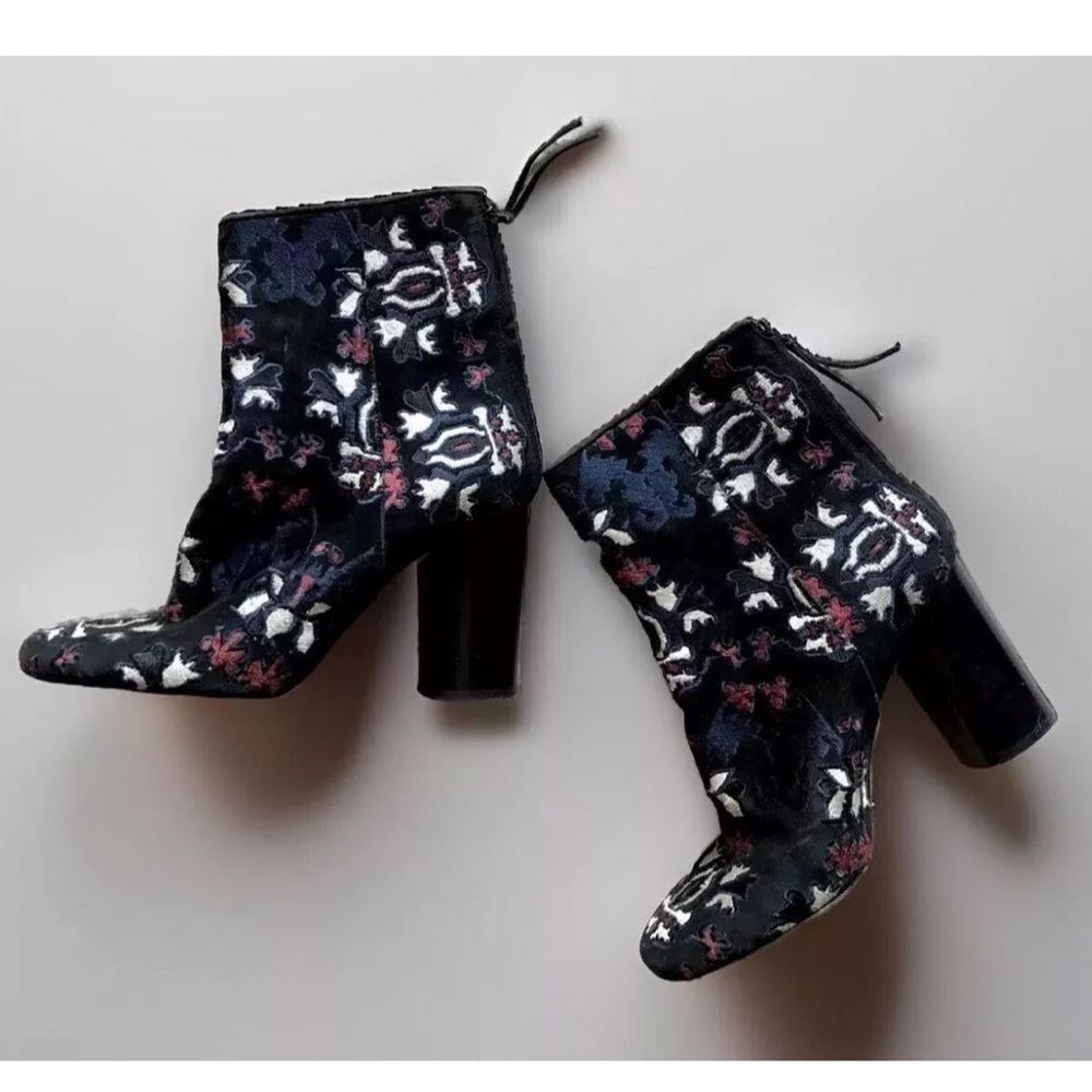 Isabel Marant Floral Embroidered Ankle Boots - Black Blue and White